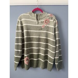 VTG Alfred Dunner Chenille 1/4 Zip Sweater Green Ombre Striped Floral‎ Size 1x